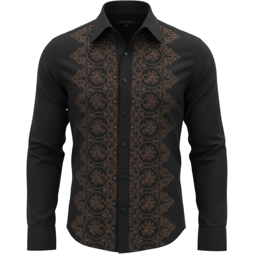 Fumagalli Mens Black Cotton Button Down Shirt Bronze Embroidered Damask Large
